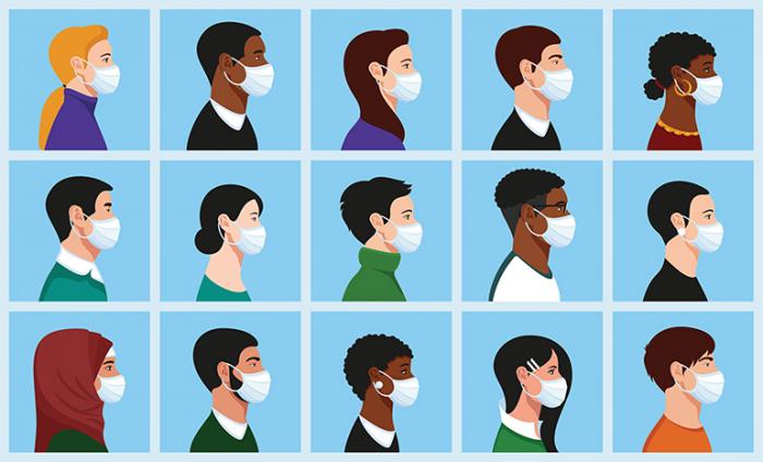Photo of a grid of 15 animated people looking to the right wearing facemasks 