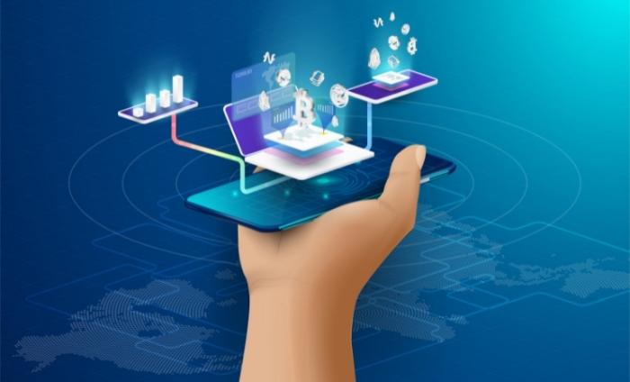 Concept of big data processing to represent the future of a data centre. Hand holding a cryoticurrecny and blockchain isometric composition.