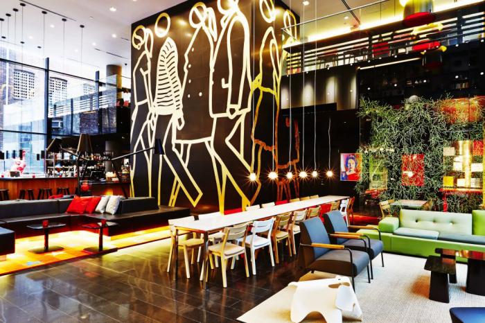 The interior of citizenM Times Square. citizenM led a talk on transformation for UCL School of Management's IMB students