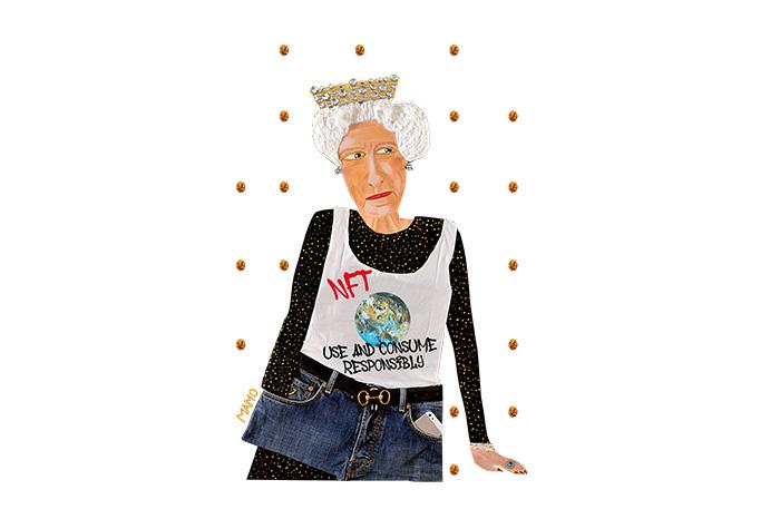Queen Elizabeth II wearing a t-shirt that reads "NFT - Use and Consume Responsibly"