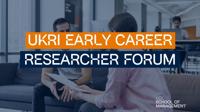 Filter on the photo with blue contrast over two people talking and writing over the top that says; ' UKRI Early Career Research Forum'