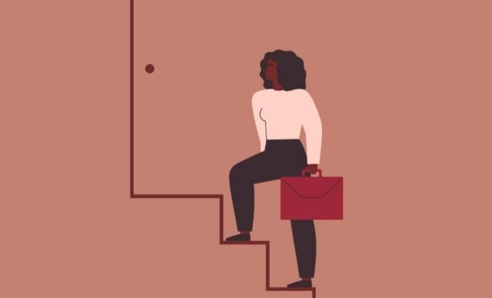 Illustration of a woman climbing the starts to open a door with a suitcase in her hand.