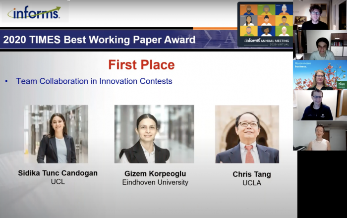 Photo of virtual awards ceremony with the winners (two females and one male) of best working paper's photos on screen