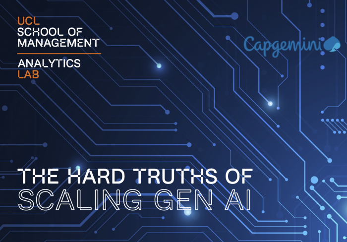 A screenshot of the research paper 'The Hard Truths of Scaling Gen AI' cover, with logos for UCL SOM and Capgemini
